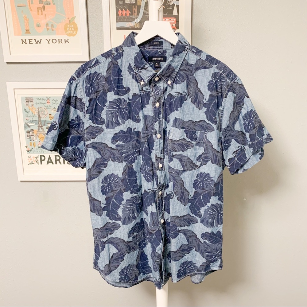 J. Crew Jeans Tropical Hawaiian Palm Print Chambray Shirt, Blue, XL